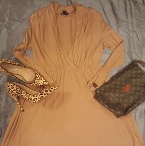 Camel colored baby doll dress with sleeves